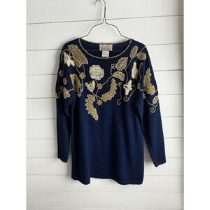 Jaclyn Smith Petite Women's L Metallic Knit Vintage Embroidered Sweater Pullover